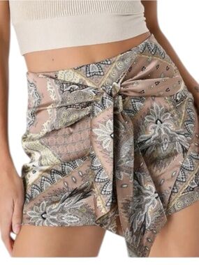 Lulus Skort Trendy Tales Taupe Scarf Print Satin Tie Front- XS